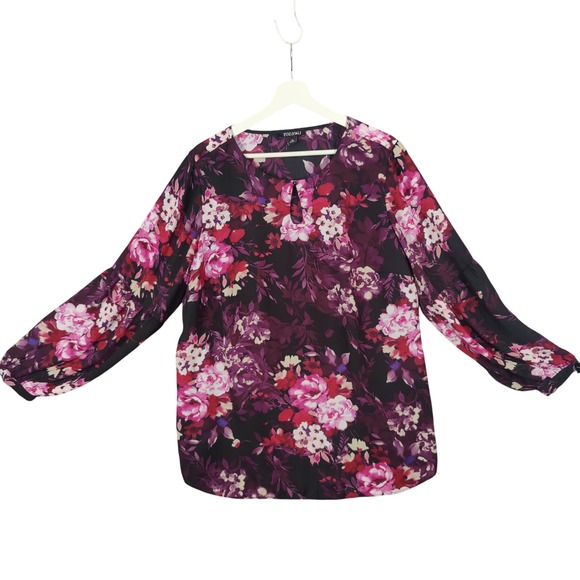 Roz & Ali Romantic Dark Floral Fairy Balloon Sleeve Peasant Top‎ Women Size 1X - Picture 1 of 8